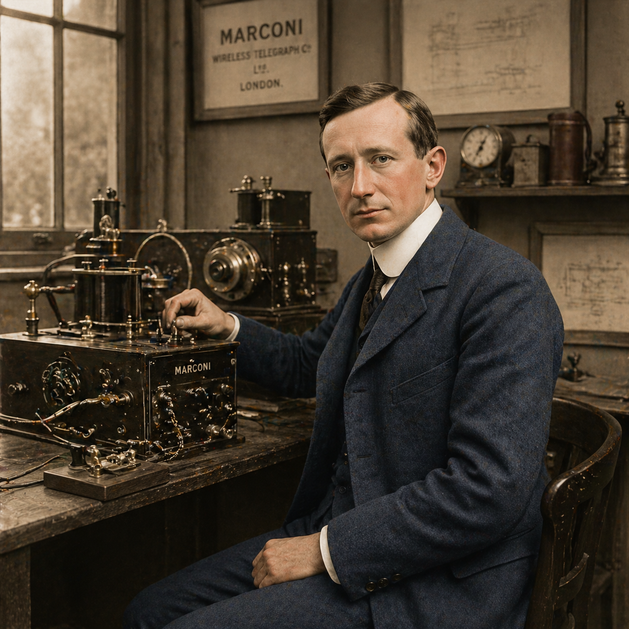 Foto Marconi mit Funkanlage